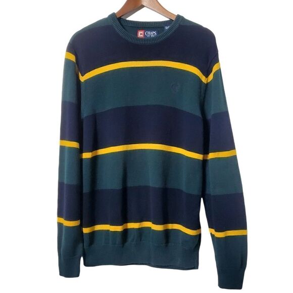 Chaps Mens Y2K Pullover Striped Sweater Size M Green Yellow Long Sleeve Crewneck - Picture 1 of 11